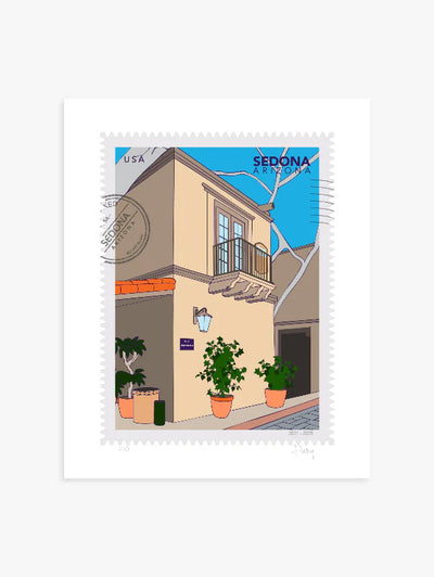 A large postage-stamp style drawing of Sedona showing the charming streets of Tlaquepaque Art Village. Sunlight spills across sandstone arches and terracotta walls, potted flowers in the corners. Includes words Sedona, Arizona and it is postmarked. Ana Hussey art.