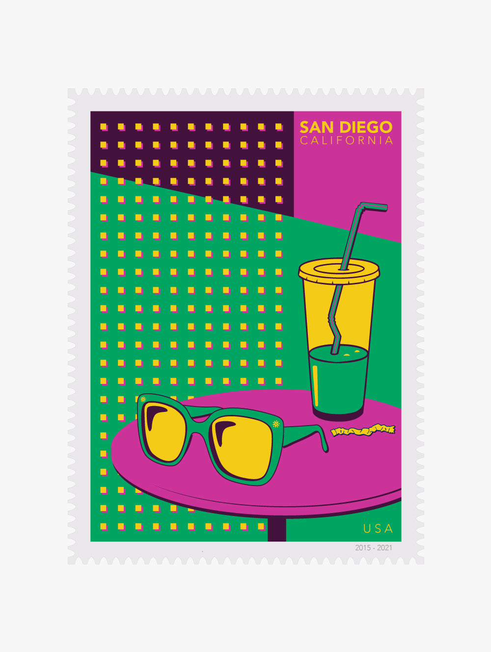 Colorful illustration postal stamp of sunglasses and drinks on a table with 'San Diego, California' text.