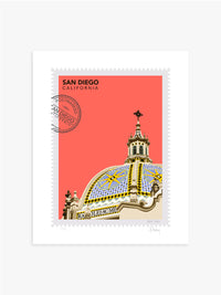 Large San Diego wall art print inspired by the historic dome beside the California Tower in Balboa Park. Modern architecture art by Ana Hussey with 'San Diego, California' text on a bright coral background.