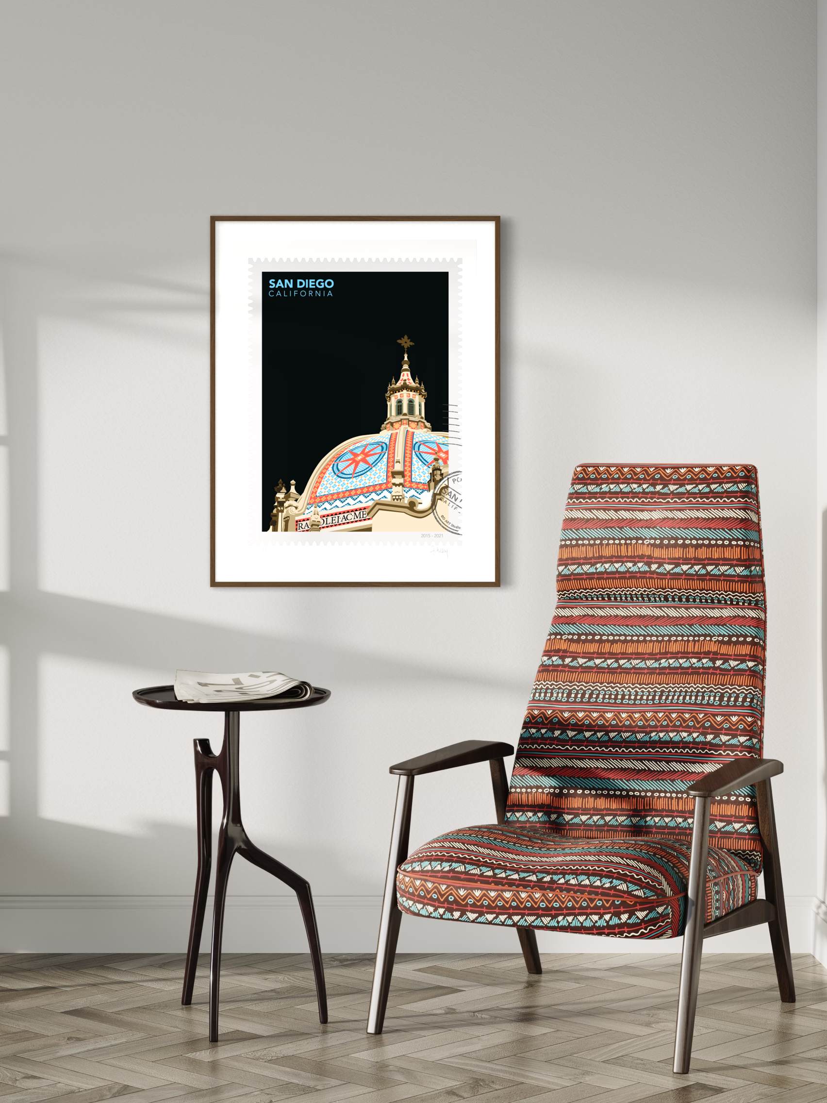 Framed on the wall Large San Diego wall art print inspired by the historic dome beside the California Tower in Balboa Park. Modern architecture art by Ana Hussey with 'San Diego, California' text on a black background.