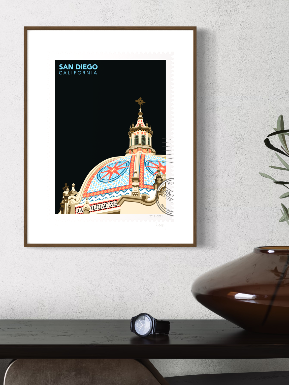 Framed on the wall Large San Diego wall art print inspired by the historic dome beside the California Tower in Balboa Park. Modern architecture art by Ana Hussey with 'San Diego, California' text on a black background.
