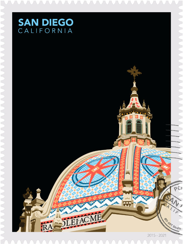 Large San Diego wall art print inspired by the historic dome beside the California Tower in Balboa Park. Modern architecture art by Ana Hussey with 'San Diego, California' text on a black background.