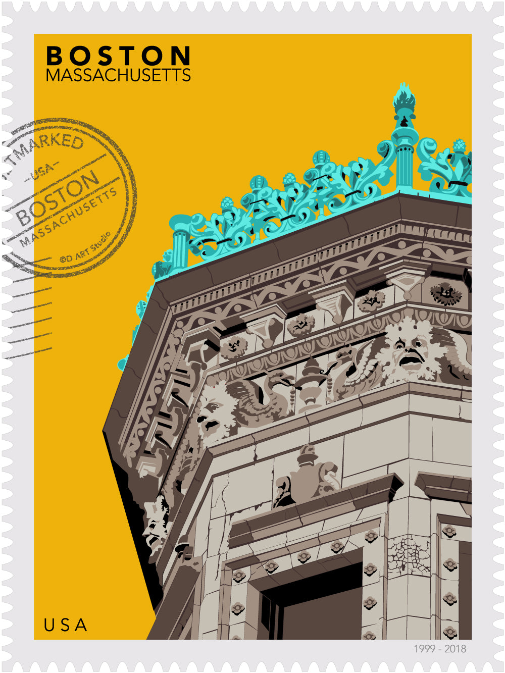 Drawing of the Boston Proctor Building, crowned with decorative elements on a yellow background, featuring the text 'Boston, Massachusetts' and 'USA'. Large postage stamp art, postmarked with D ART Studio stamp. Ana Hussey art. 