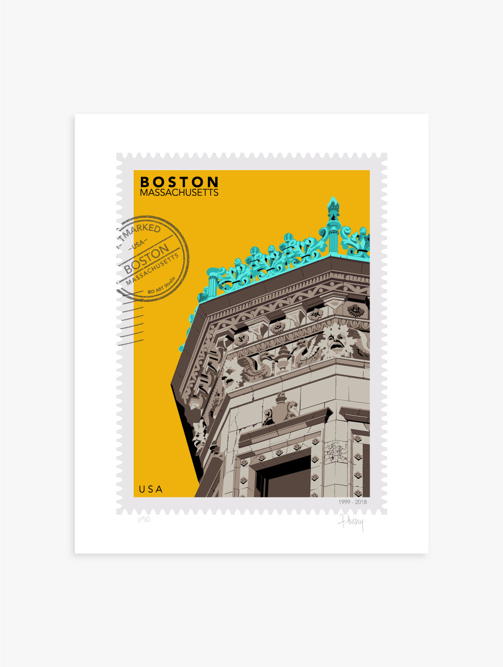 Drawing of the Boston Proctor Building, crowned with decorative elements on a yellow background, featuring the text 'Boston, Massachusetts' and 'USA'. Large postage stamp art, postmarked with D ART Studio stamp. Ana Hussey art. 