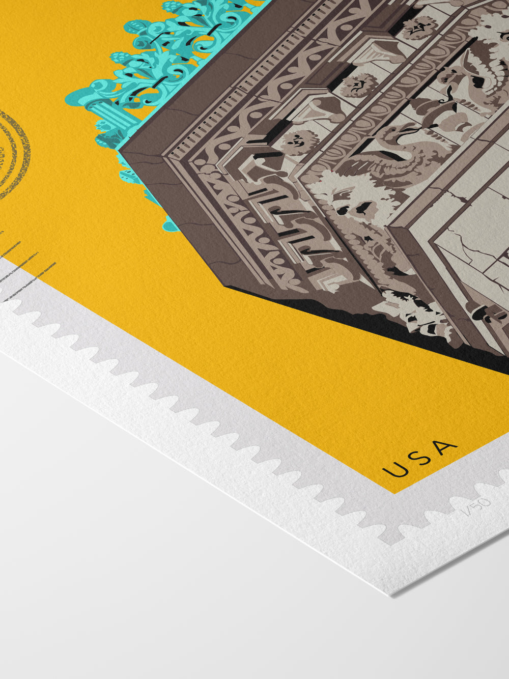 Drawing of the Boston Proctor Building, crowned with decorative elements on a yellow background, featuring the text 'Boston, Massachusetts' and 'USA'. Large postage stamp art, postmarked with D ART Studio stamp. Ana Hussey art. Close up.
