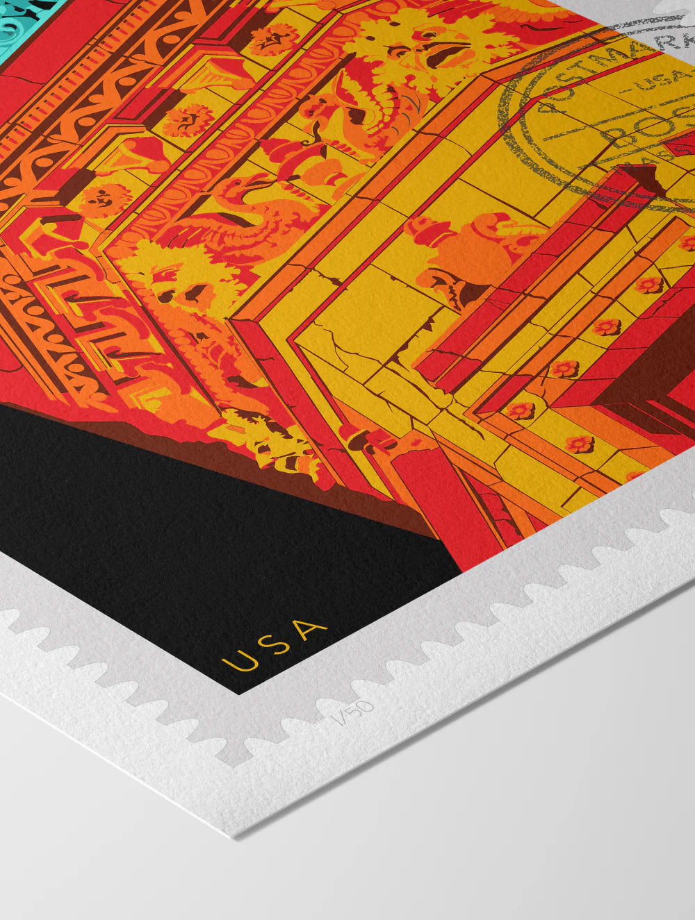 Drawing of the Proctor Building crowned with decorative elements on a black background, featuring the text 'Boston, Massachusetts' and 'USA'. Large postage stamp art, postmarked with D ART Studio stamp. Close upAna Hussey art. 