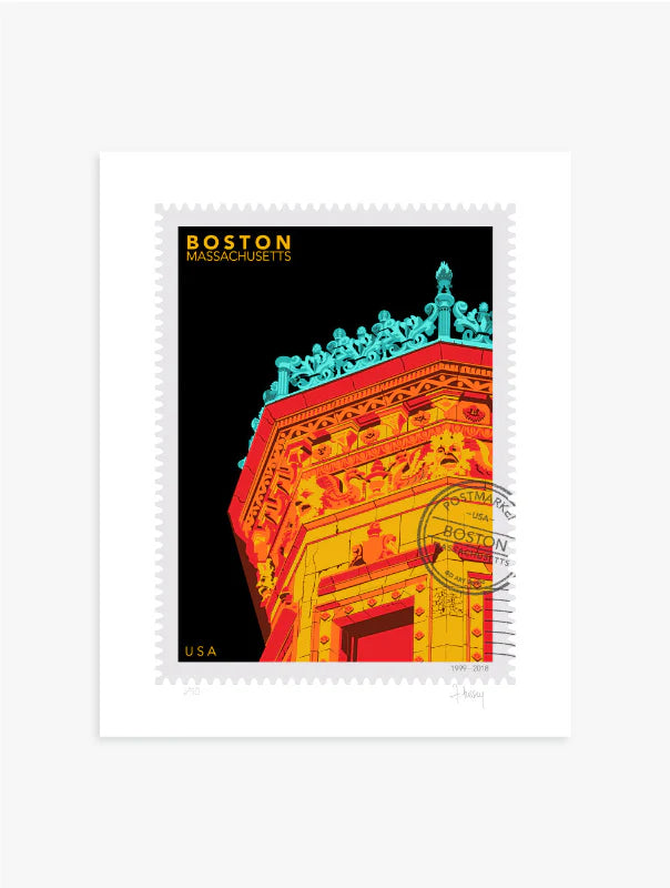 Drawing of the Proctor Building crowned with decorative elements on a black background, featuring the text 'Boston, Massachusetts' and 'USA'. Large postage stamp art, postmarked with D ART Studio stamp. Ana Hussey art. 