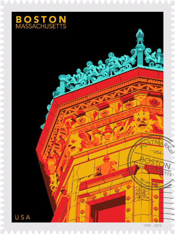 Drawing of the Proctor Building crowned with decorative elements on a black background, featuring the text 'Boston, Massachusetts' and 'USA'. Large postage stamp art, postmarked with D ART Studio stamp. Ana Hussey art. 