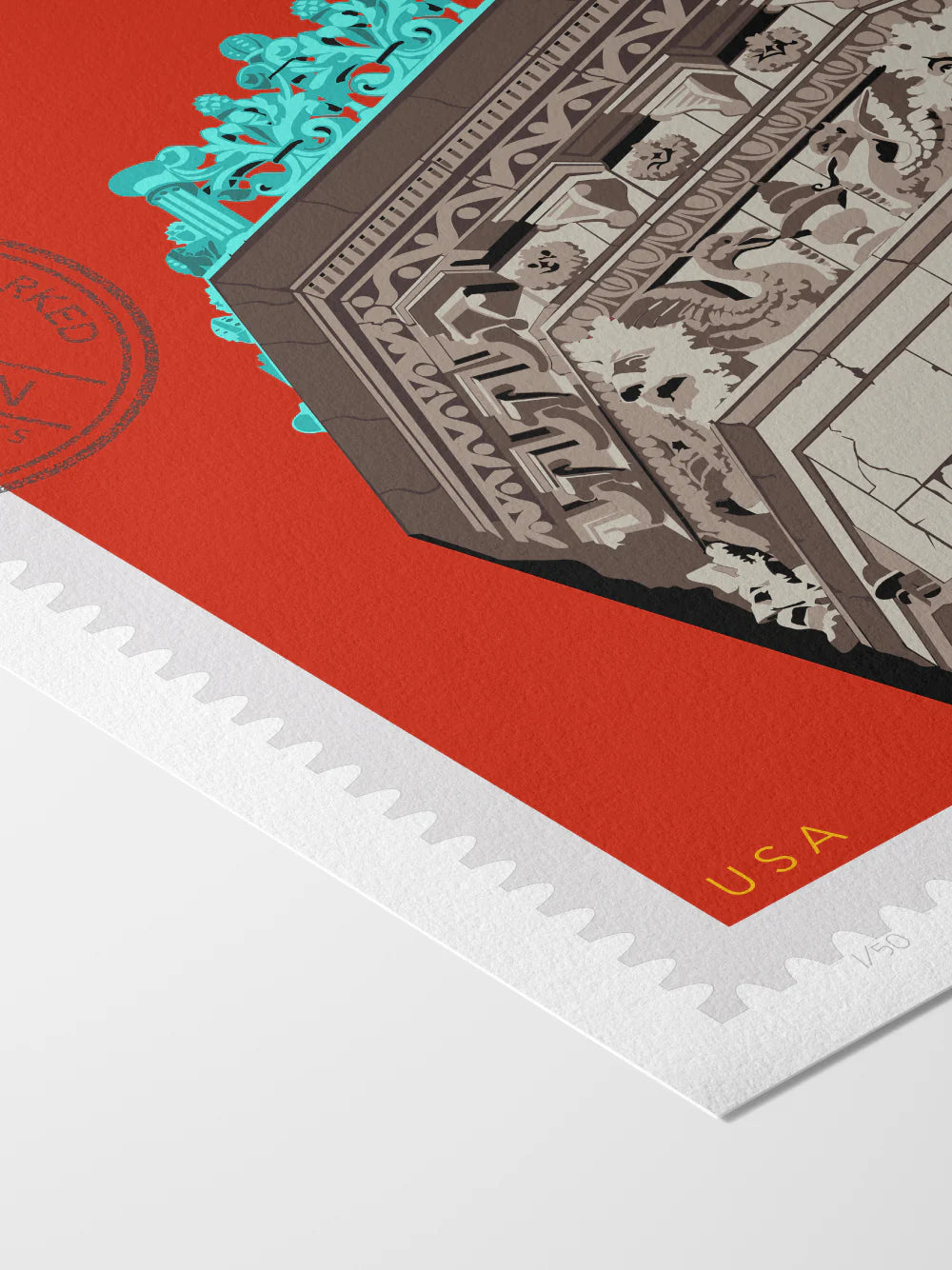 Drawing of the Proctor Building crowned with decorative elements on a red background, featuring the text 'Boston, Massachusetts' and 'USA'. Large postage stamp art, postmarked with D ART Studio stamp. Close up. Ana Hussey art. 