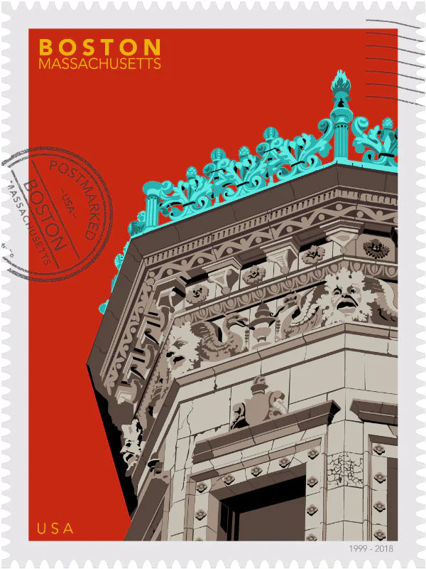 Drawing of the Proctor Building crowned with decorative elements on a red background, featuring the text 'Boston, Massachusetts' and 'USA'. Large postage stamp art, postmarked with D ART Studio stamp. Ana Hussey art. 