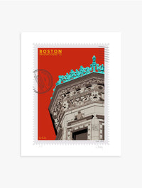 Drawing of the Proctor Building crowned with decorative elements on a red background, featuring the text 'Boston, Massachusetts' and 'USA'. Large postage stamp art, postmarked with D ART Studio stamp. Ana Hussey art. 