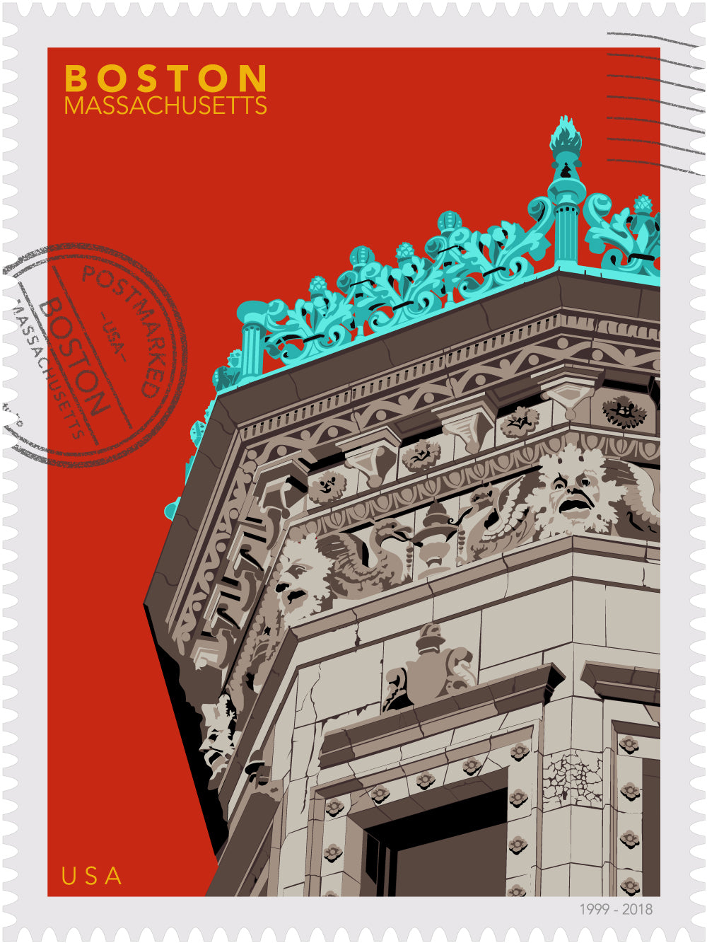 Drawing of the Proctor Building crowned with decorative elements on a red background, featuring the text 'Boston, Massachusetts' and 'USA'. Large postage stamp art, postmarked with D ART Studio stamp. Ana Hussey art. 