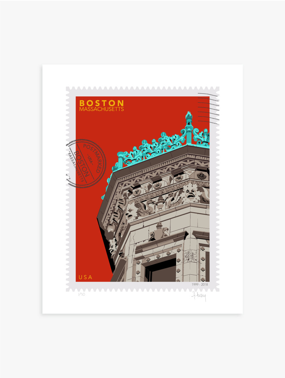 Drawing of the Proctor Building crowned with decorative elements on a red background, featuring the text 'Boston, Massachusetts' and 'USA'. Large postage stamp art, postmarked with D ART Studio stamp. Ana Hussey art. 