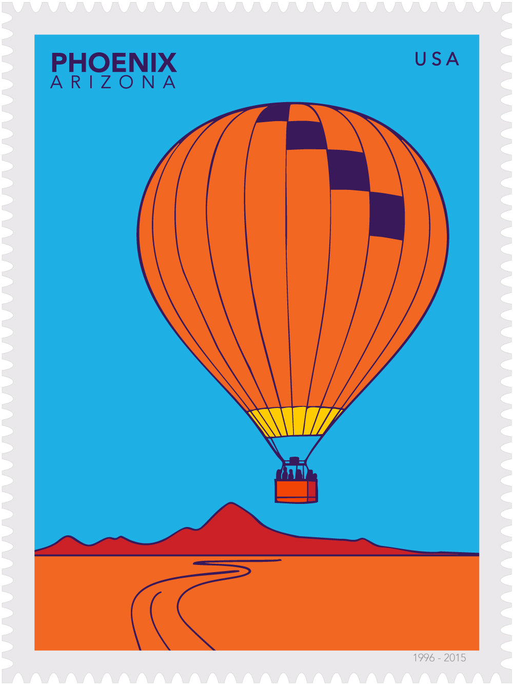Large postage stamp illustration of a hot air balloon over Phoenix, Arizona with a blue sky and orange desert.