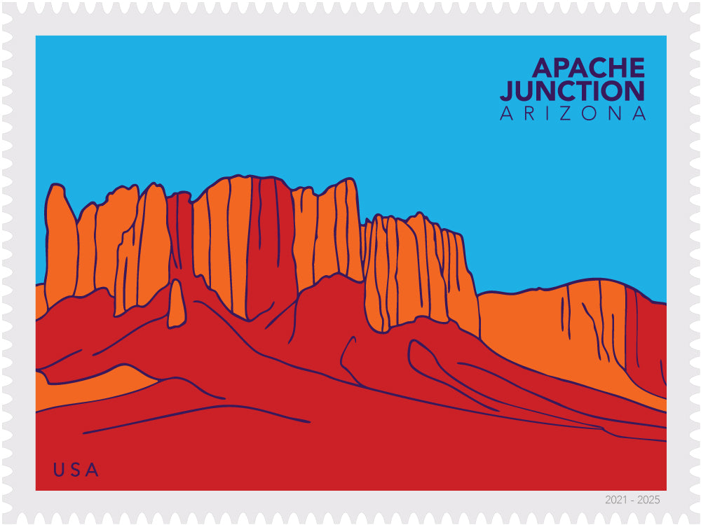 Large postage stamp with stylized illustration of desert cliffs with 'Apache Junction, Arizona' text on a blue background.