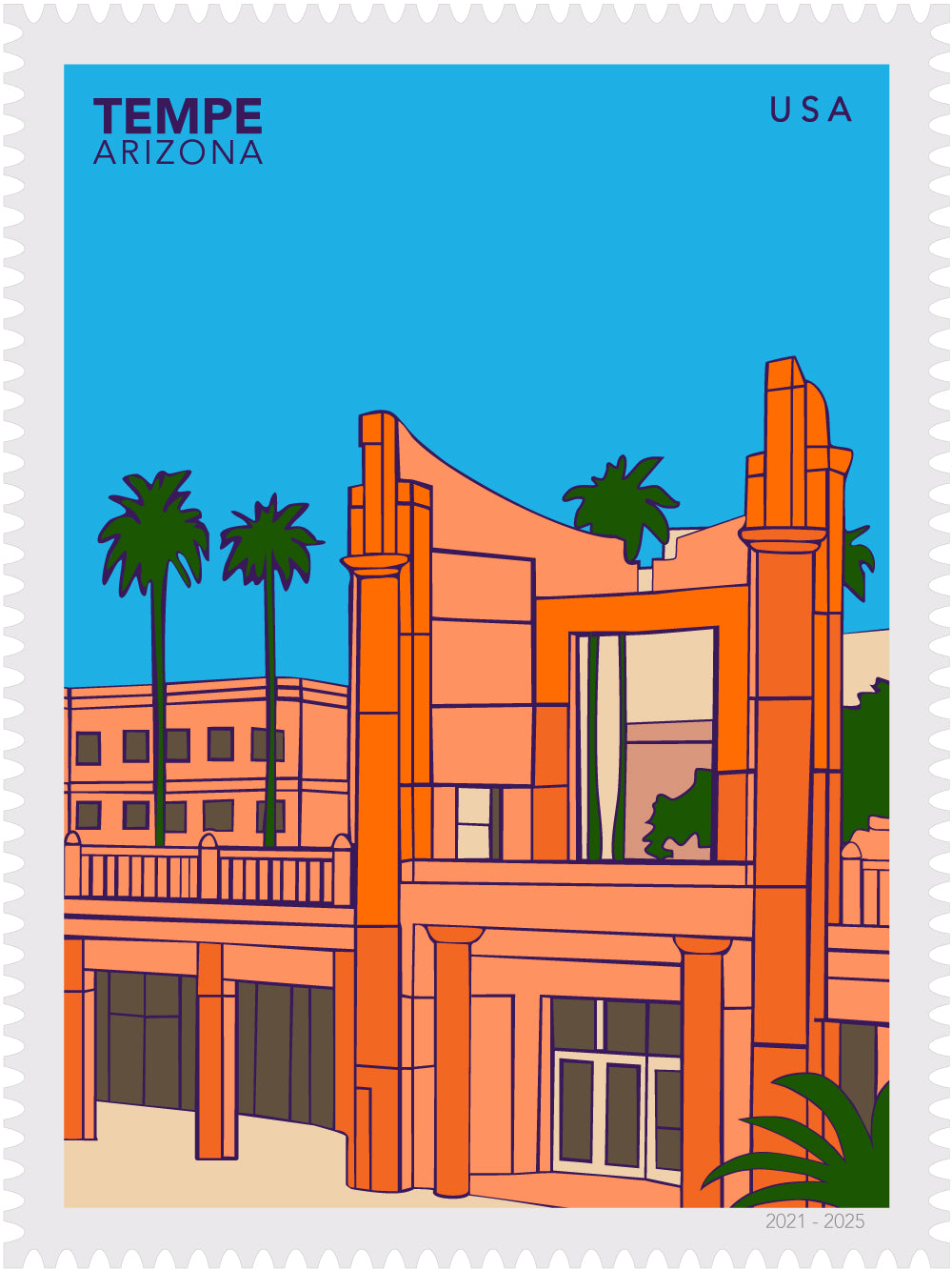 Large postage stamp illustration of Hayden Library, ASU building with palm trees on a blue background, labeled 'Tempe, Arizona, USA'.