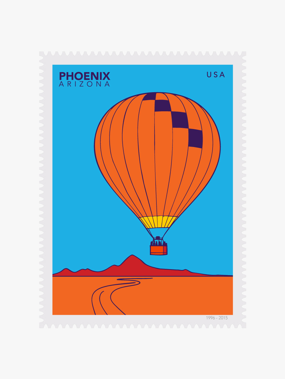 Stylized large postage stamp with a hot air balloon over Phoenix, Arizona.