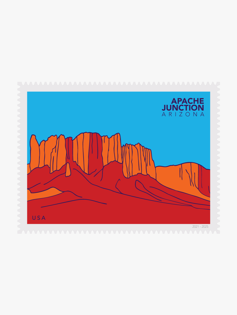 Large postage stamp with stylized illustration of desert cliffs with 'Apache Junction, Arizona' text on a blue background.