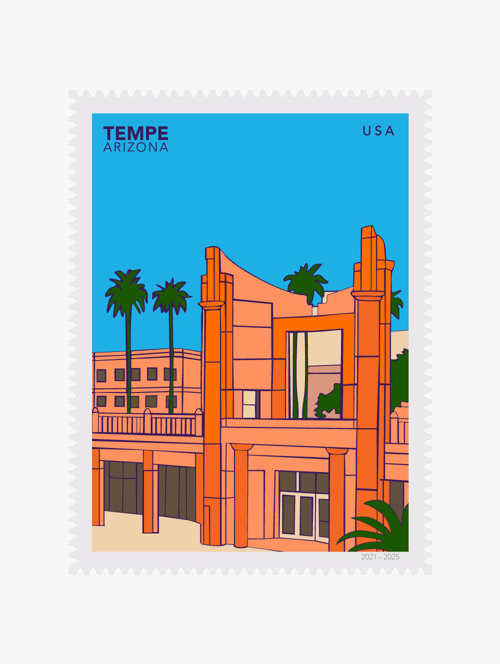 Large postage stamp illustration of Hayden Library, ASU building with palm trees on a blue background, labeled 'Tempe, Arizona, USA'.