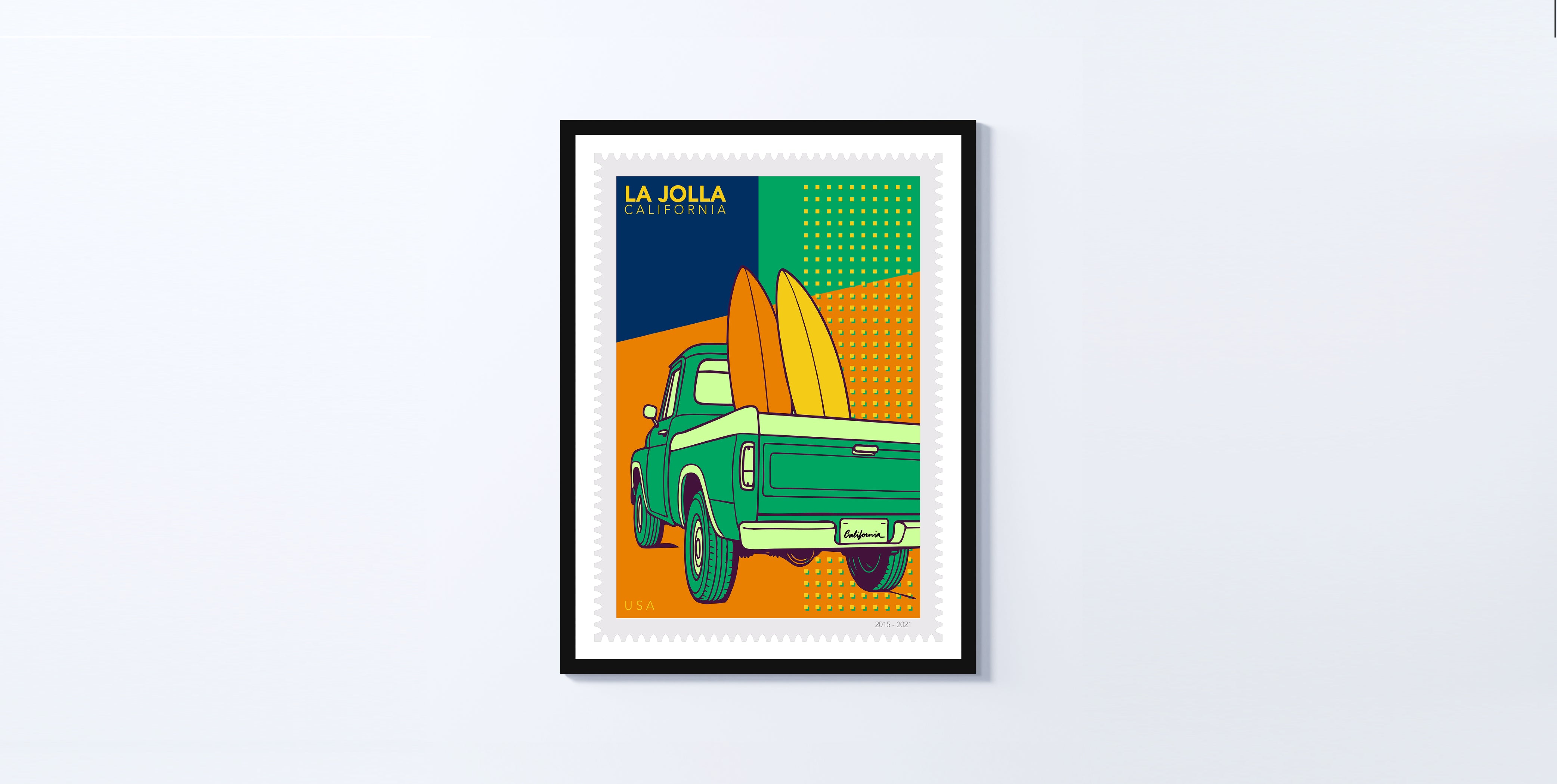 Framed artwork of a postage stamp with a truck with surfboards on a colorful background, titled 'La Jolla'.