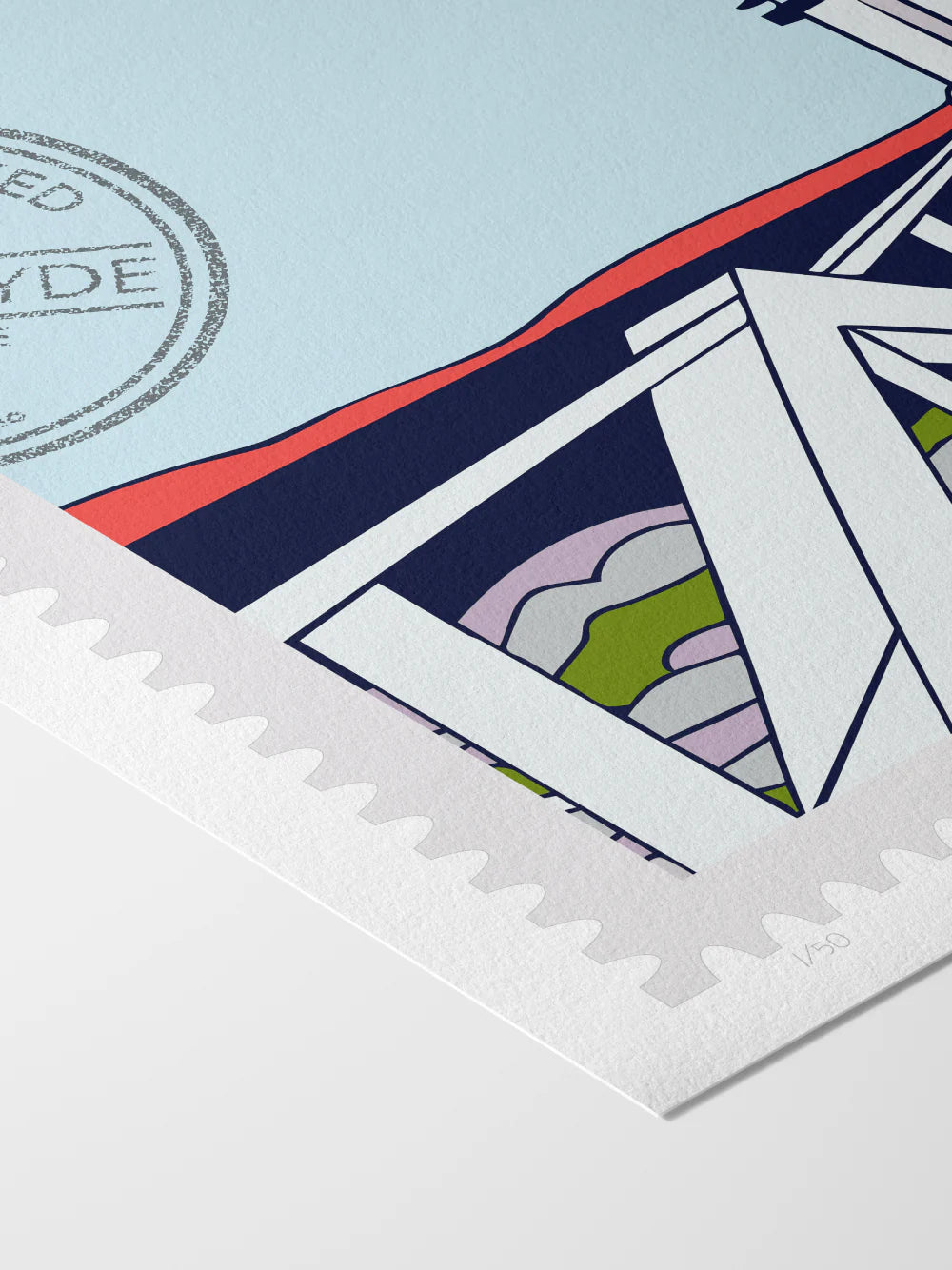 Drawing of Marshall Point Lighthouse in Port Clyde, Maine, in the winter. The drawing looks like a postage stamp with a postmark and words Port Clyde, Maine. Close up. Ana Hussey art.