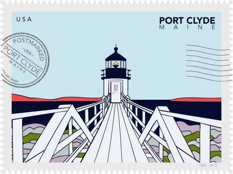 Drawing of Marshall Point Lighthouse in Port Clyde, Maine, in the winter. The drawing looks like a postage stamp with a postmark and words Port Clyde, Maine. Ana Hussey art.