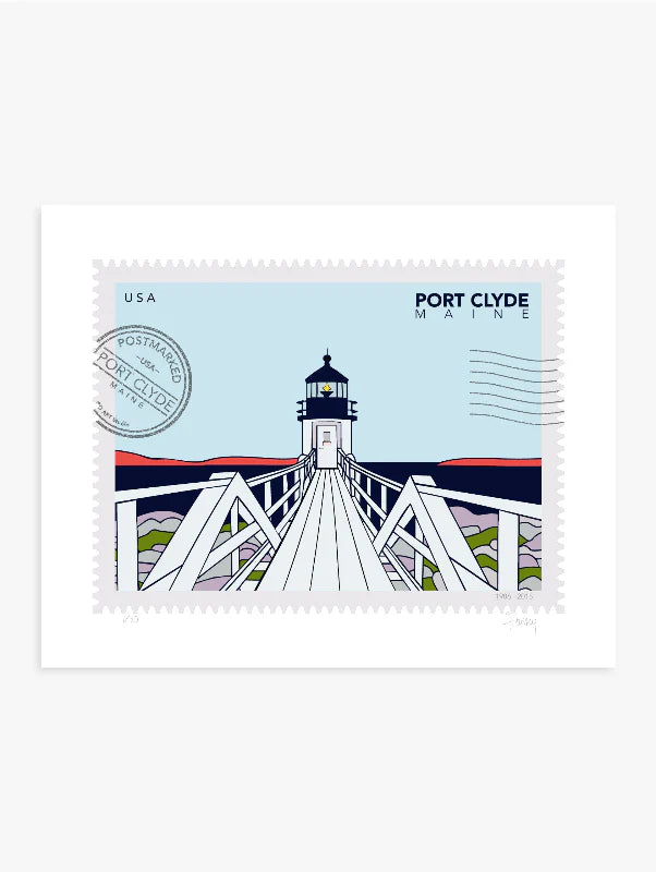 Drawing of Marshall Point Lighthouse in Port Clyde, Maine, in the winter. The drawing looks like a postage stamp with a postmark and words Port Clyde, Maine. Ana Hussey art.