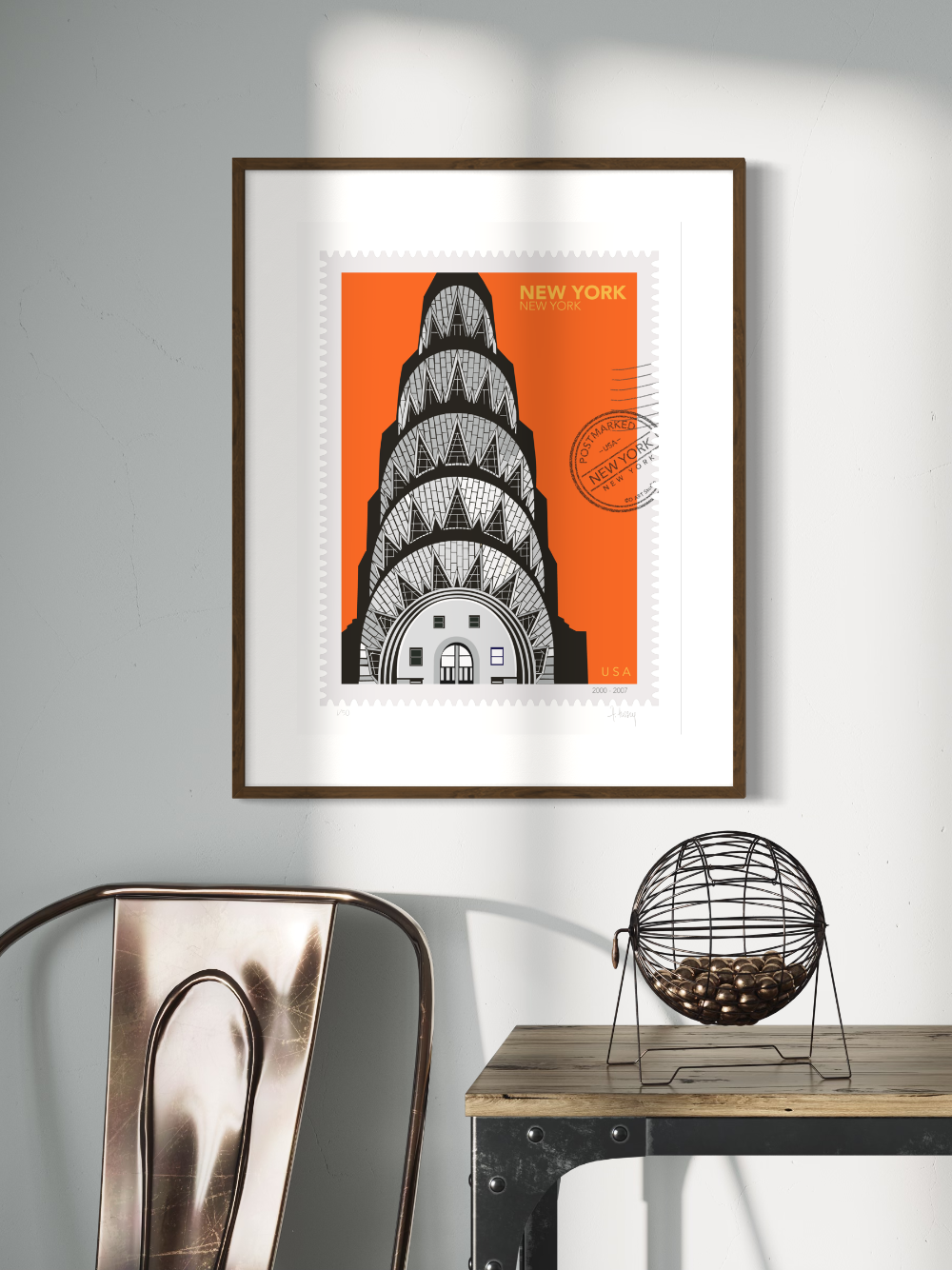 D ART Studio Drawing of the Chrysler Building with geometric patterns on an orange background, in a large size, New York oversized postage stamp. Framed on the white wall. Aa Hussey art.