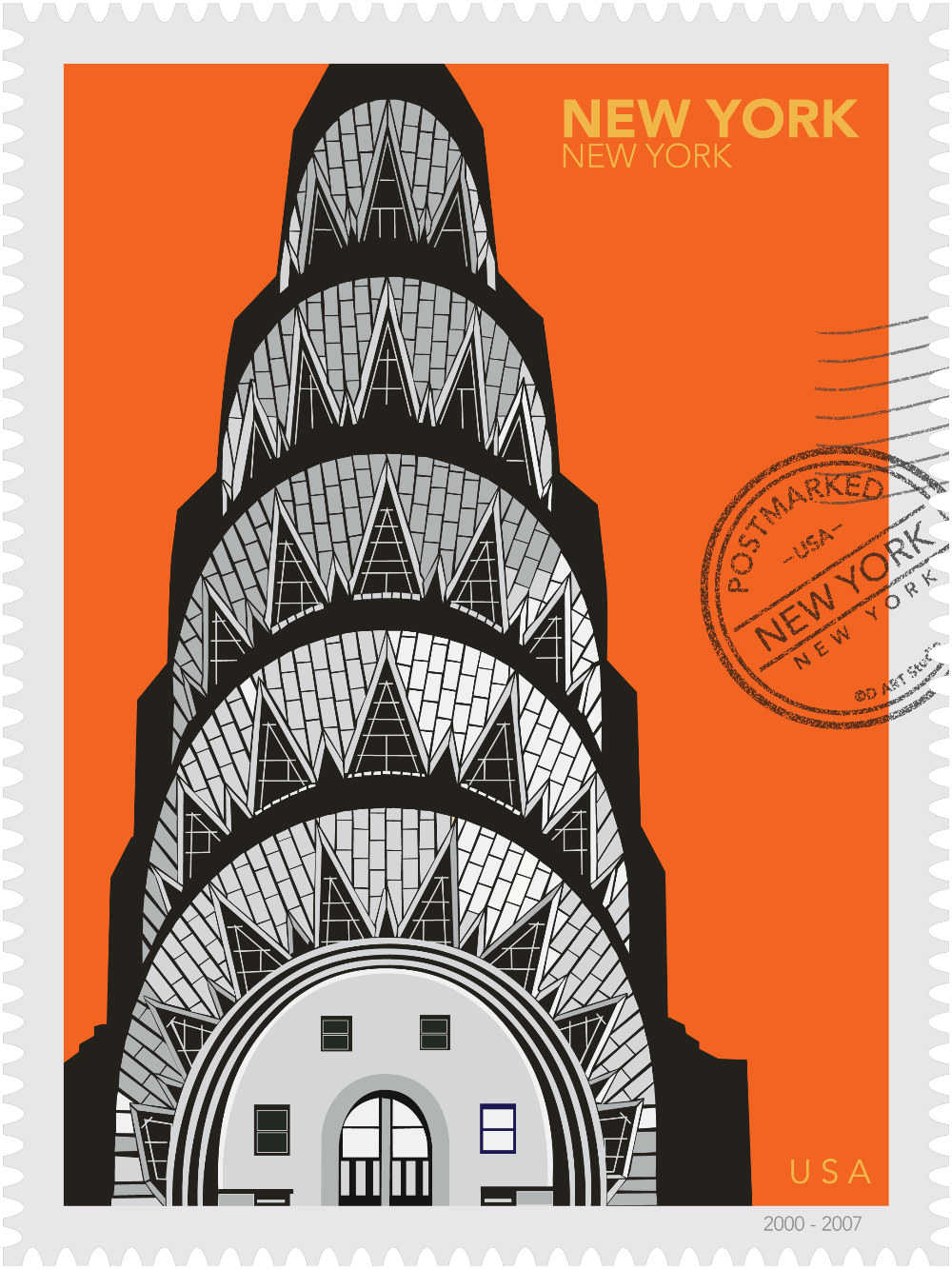 Drawing of the Chrysler Building with geometric patterns on an orange background, in a large size, New York oversized postage stamp. Ana Hussey art.