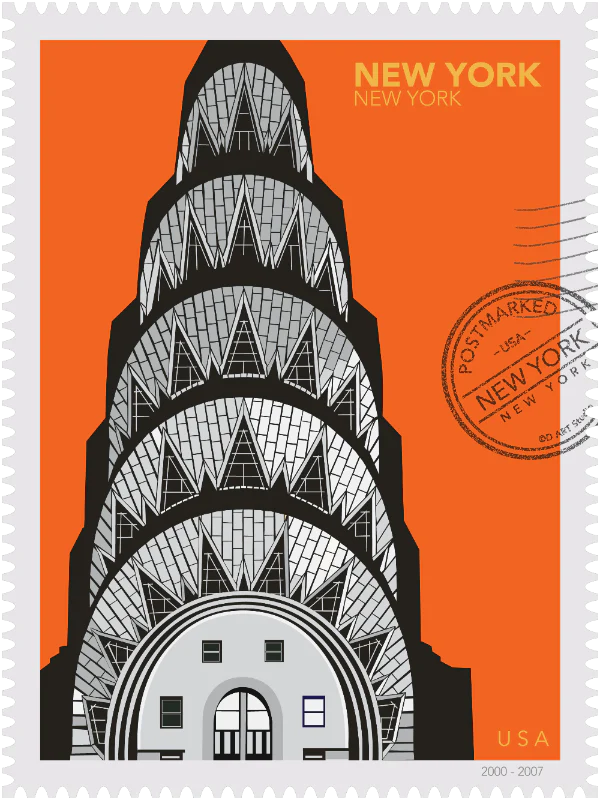 Drawing of the Chrysler Building with geometric patterns on an orange background, in a large size, New York oversized postage stamp. Ana Hussey art.