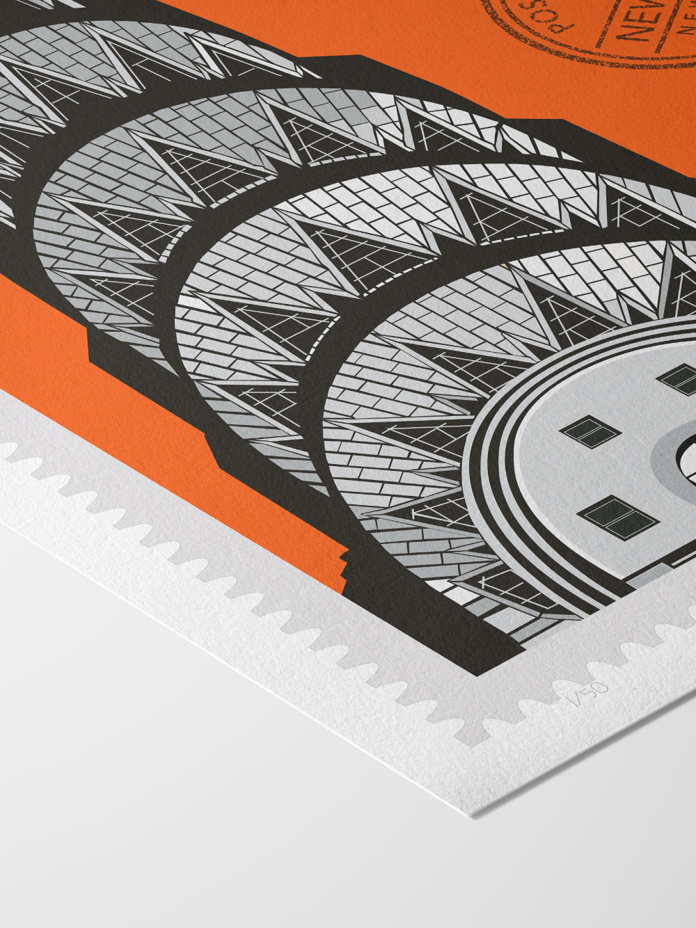 Drawing of the Chrysler Building with geometric patterns on orange background, in a large size, New York oversized postage stamp. Close up. Ana Hussey art.
