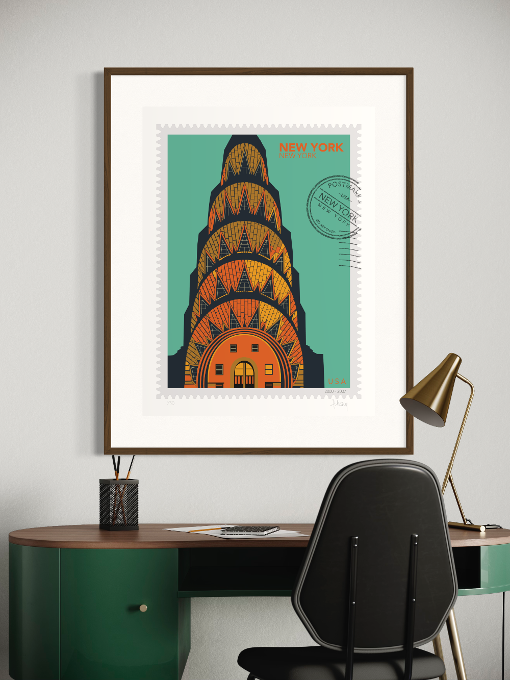 Drawing of the Chrysler Building with geometric patterns on a teal background, in a large size, New York oversized postage stamp. Framed on a white wall. Ana Hussey art.