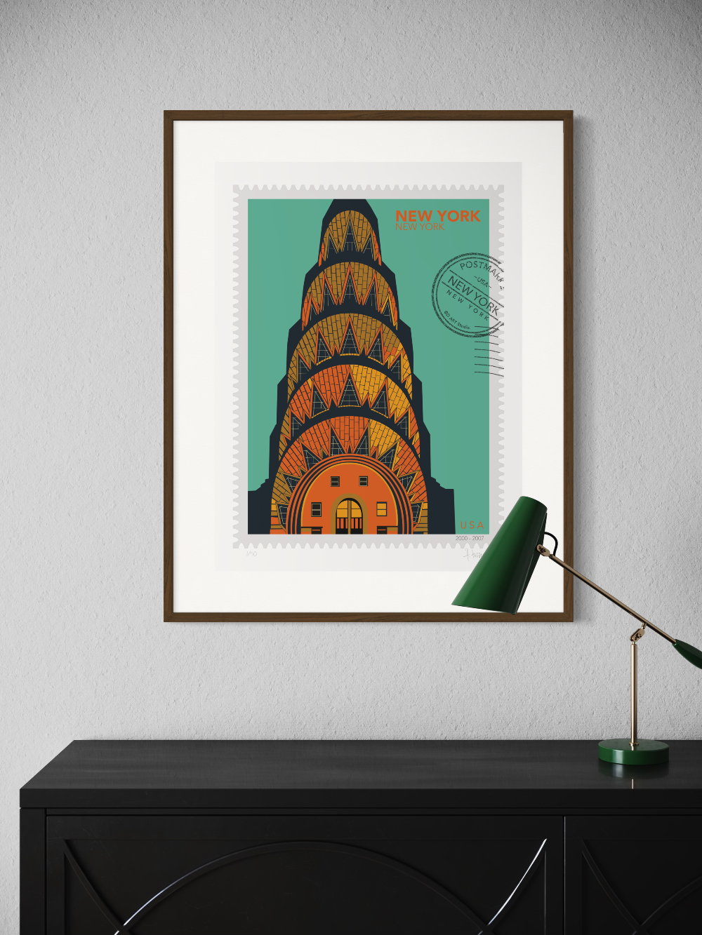 Drawing of the Chrysler Building with geometric patterns on a teal background, in a large size, New York oversized postage stamp. Framed on a white wall. Ana Hussey art.