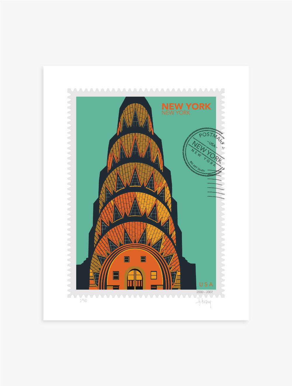 Drawing of the Chrysler Building with geometric patterns on a teal background, in a large size, New York oversized postage stamp. Ana Hussey art.