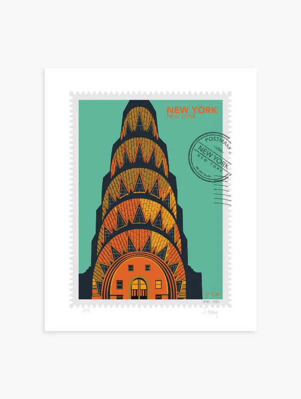Drawing of the Chrysler Building with geometric patterns on a green background, in a large size, New York oversized postage stamp. Ana Hussey art.