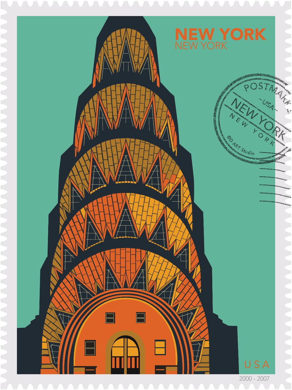 Drawing of the Chrysler Building with geometric patterns on a teal background, in a large size, New York oversized postage stamp. Ana Hussey art.