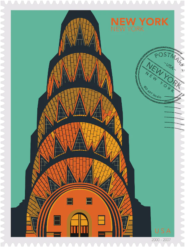 Drawing of the Chrysler Building with geometric patterns on a green background, in a large size, New York oversized postage stamp. Ana Hussey art.