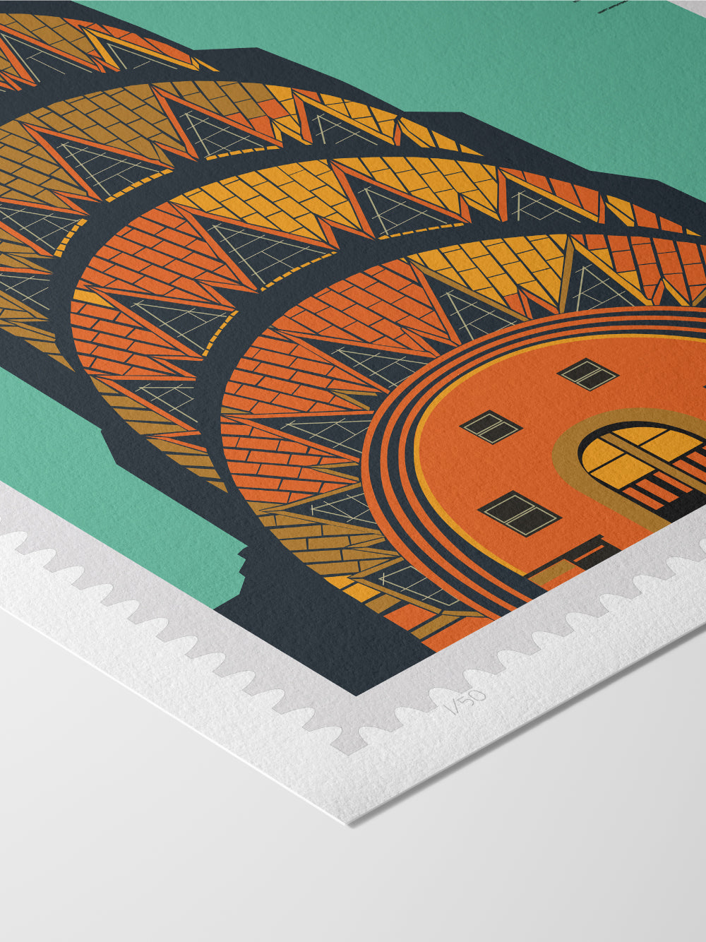 Drawing of the Chrysler Building with geometric patterns on a teal background, in a large size, New York oversized postage stamp. Close up. Ana Hussey art.