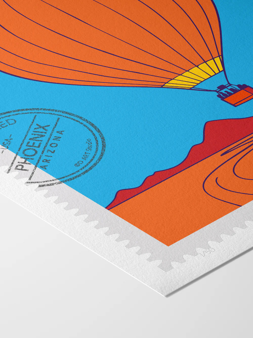 Bright colors drawing of a Phoenix hot-air-balloon ride, floating above the Phoenix desert in this large postage-stamp drawing. Drawing includes words Phoenix Arizona and postmark. Close up view. Ana Hussey art.