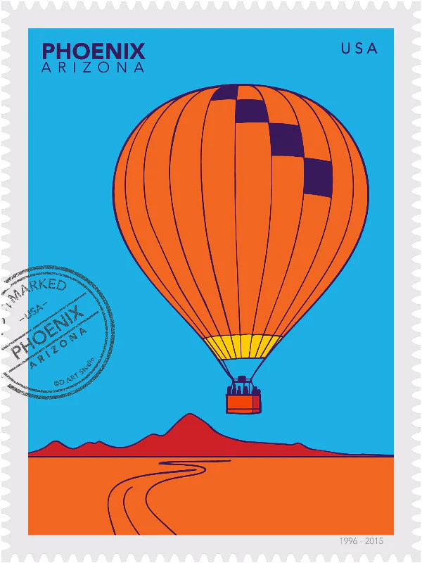 Bright colors drawing of a Phoenix hot-air-balloon ride, floating above the Phoenix desert in this large postage-stamp drawing. Drawing includes words Phoenix Arizona and postmark. Ana Hussey art.