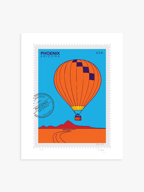Bright colors drawing of a Phoenix hot-air-balloon ride, floating above the Phoenix desert in this large postage-stamp drawing. Drawing includes words Phoenix Arizona and postmark. Ana Hussey art.