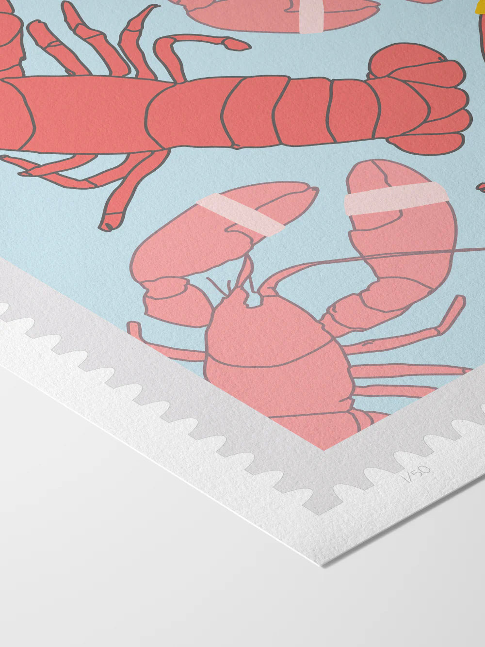 Drawing of lobsters on a blue background. The drawing looks like a postage stamp with a postmark and words Portland, Maine. Close up. Ana Hussey art.