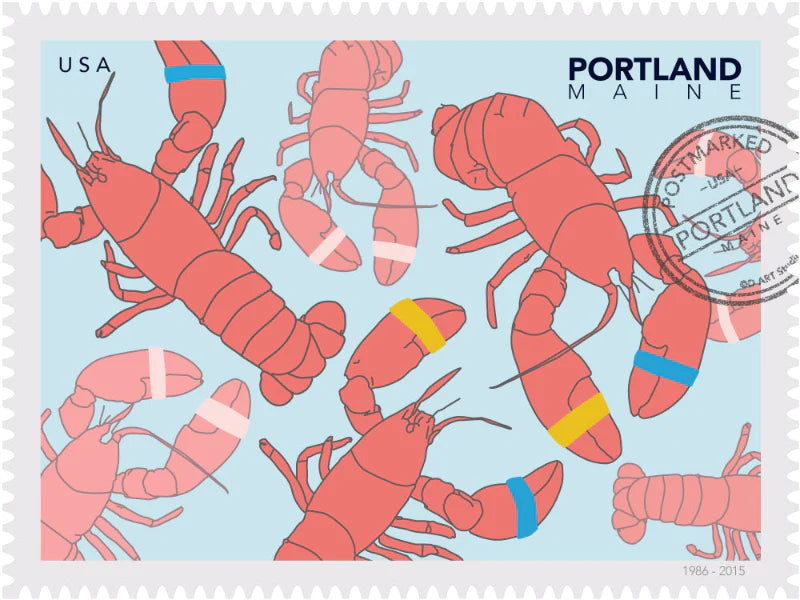 Drawing of lobsters on a blue background. The drawing looks like a postage stamp with a postmark and words Portland, Maine. Ana Hussey art.