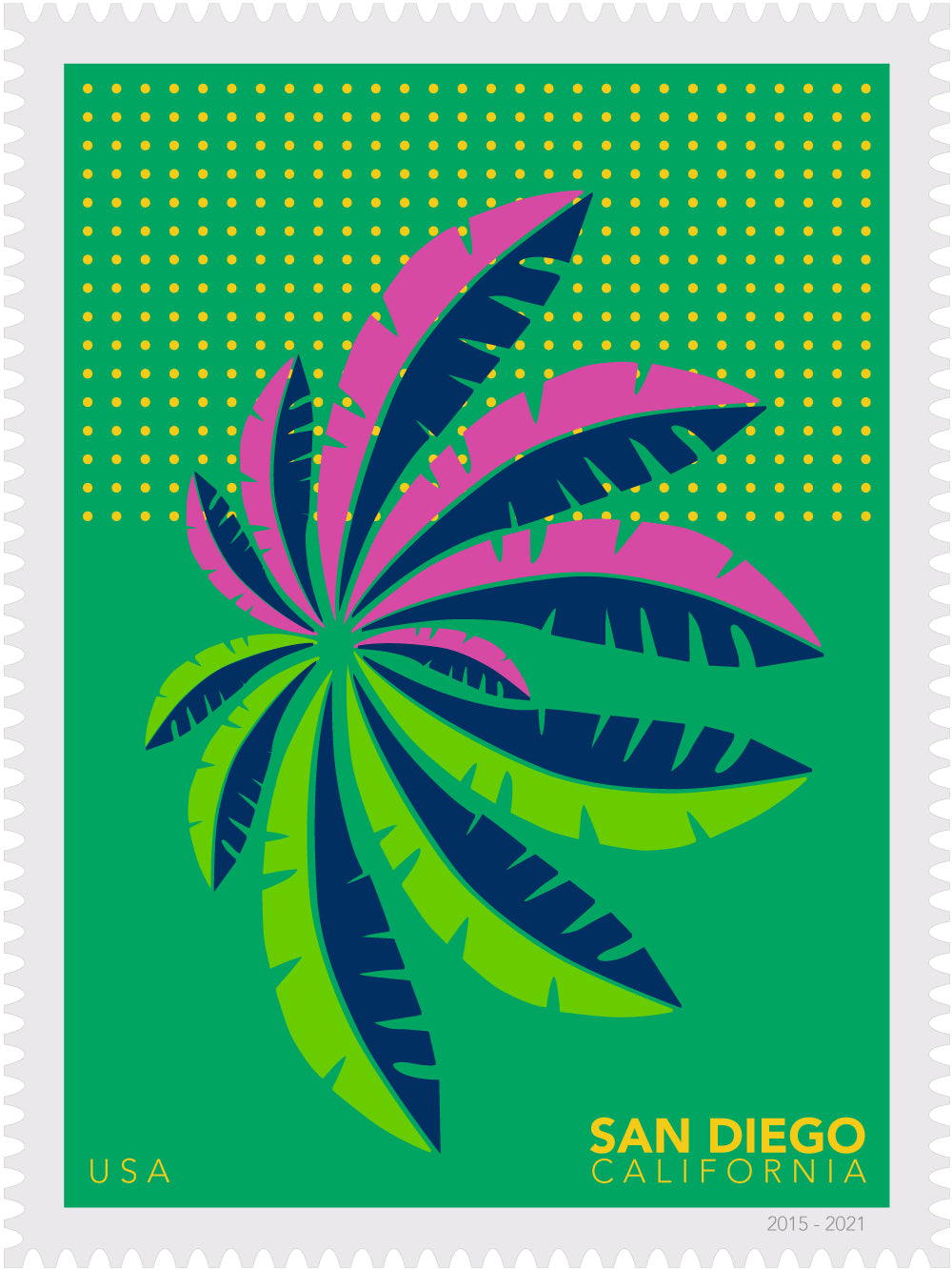 Colorful palm leaf illustration stamp with 'San Diego, California' text on a green background
