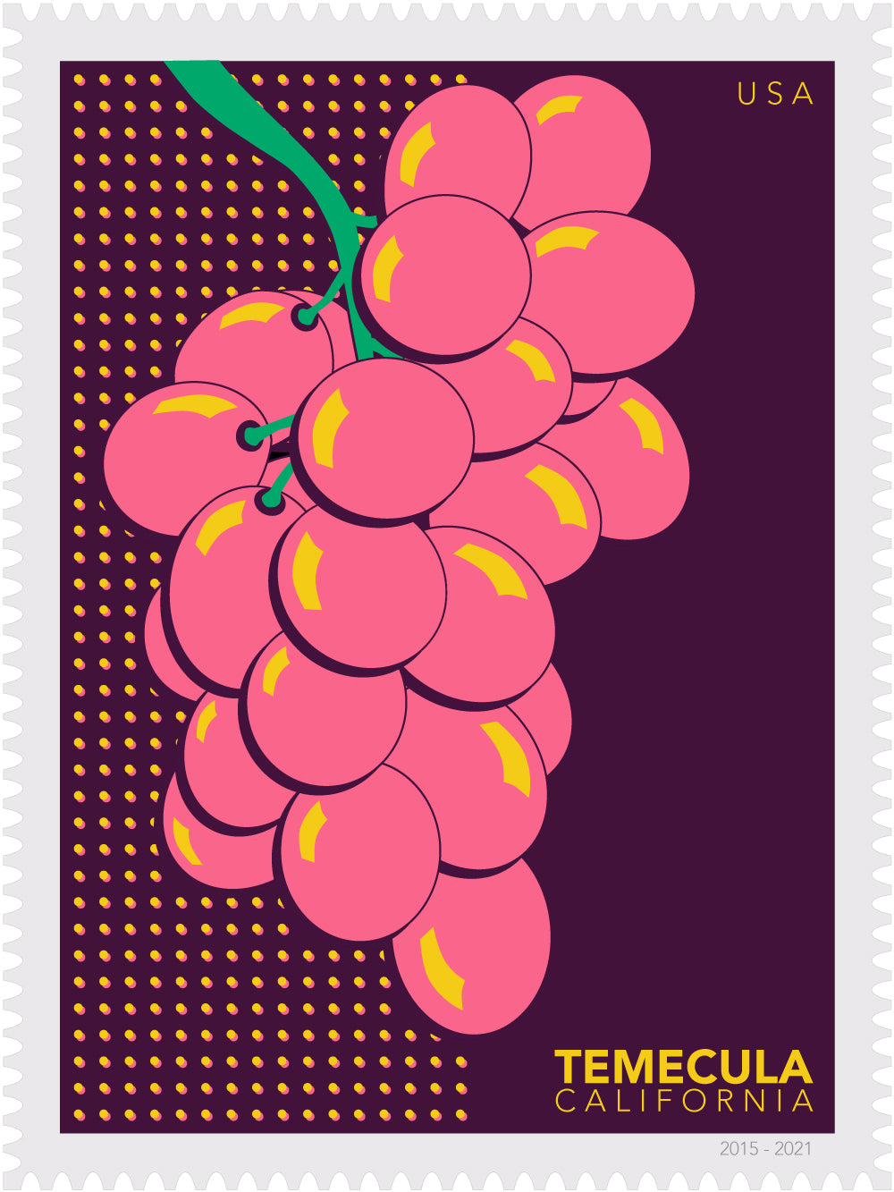 Stylized illustration of grapes on a purple background with 'Temecula California' text stamp.
