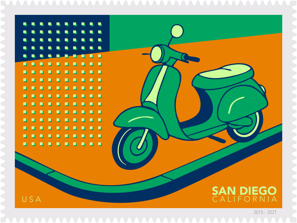 Illustration stamp of a green scooter on an orange background with 'San Diego, California' text.