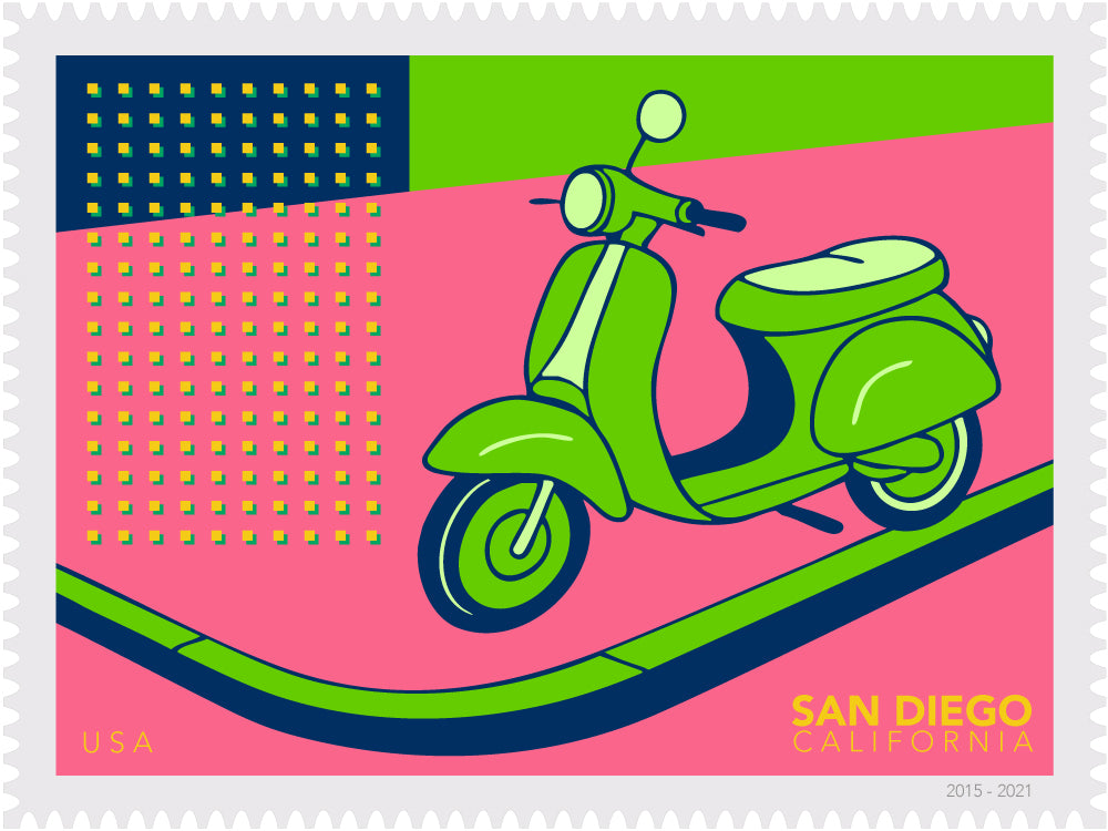 Colorful illustration stamp of a green scooter on a pink and blue background with 'San Diego, California' text.