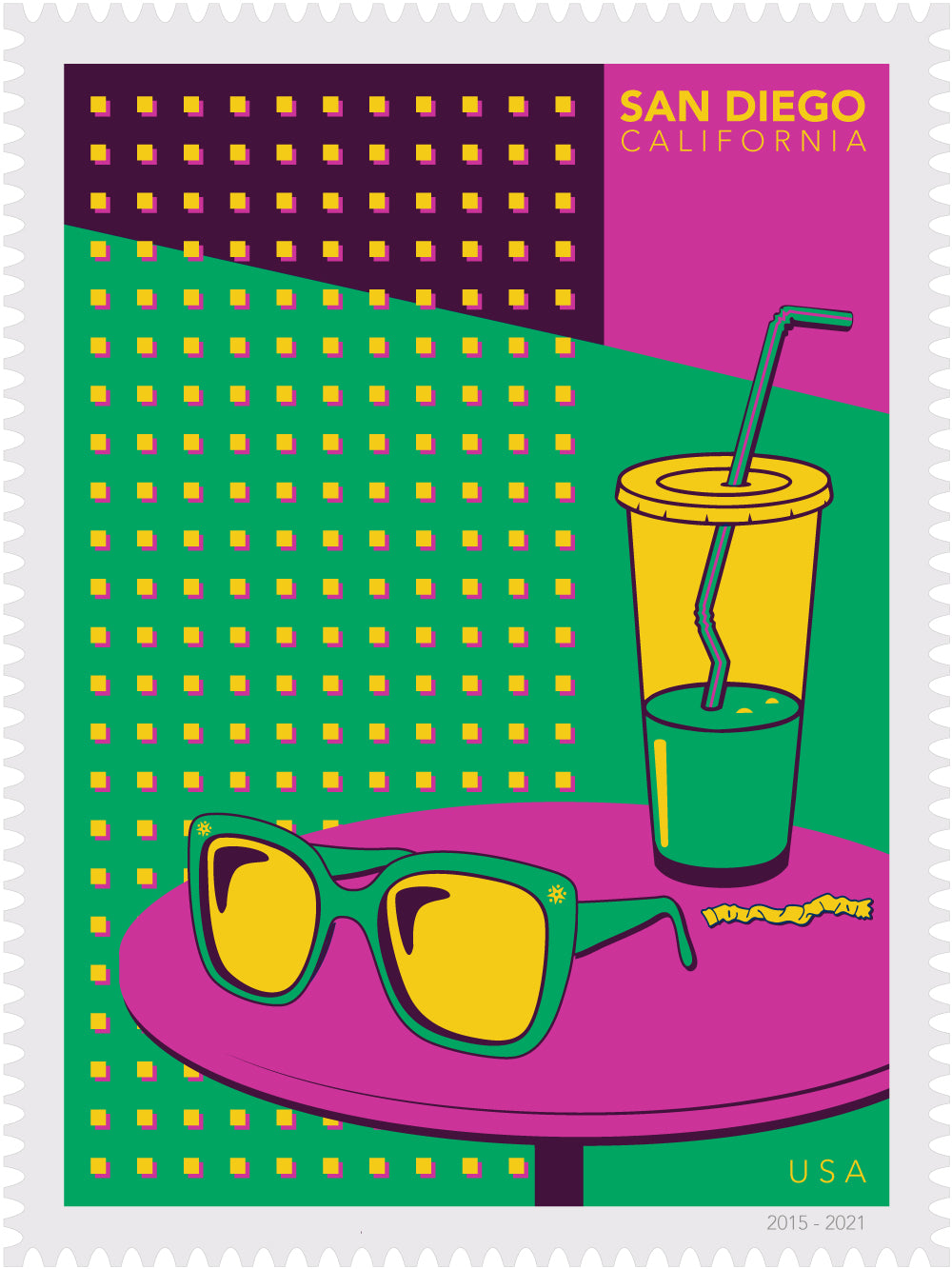 Colorful postage stamp illustration of sunglasses and a drink on a table with a geometric patterned background.