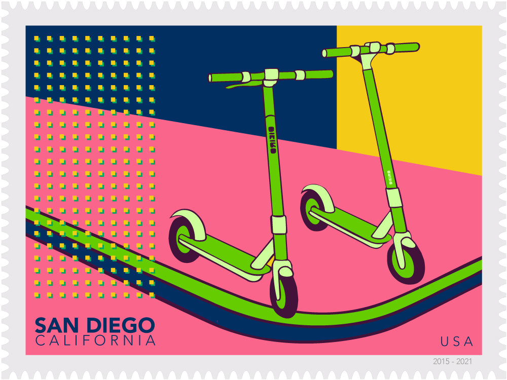 Colorful illustration stamp of two green scooters on a geometric patterned background with 'San Diego, California, USA' text.
