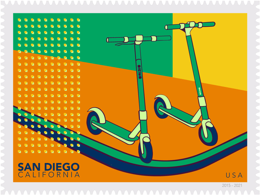 Illustration of two green scooters on a colorful background with 'San Diego, California' text.